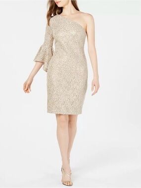 NWT Calvin Klein One-Shoulder Metallic Sequin Cocktail Dress - Gold Size 10